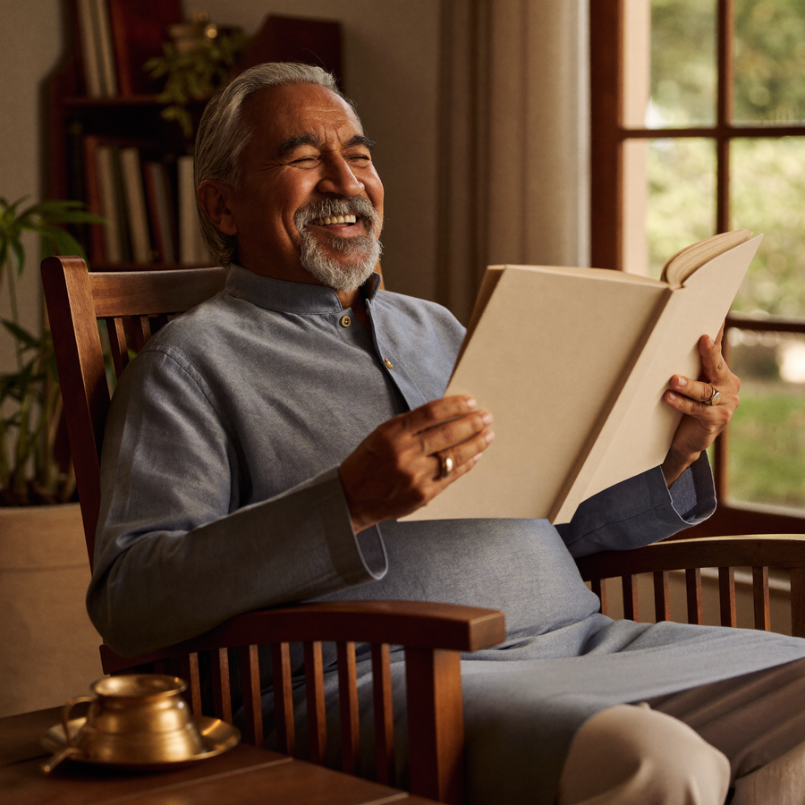 Happy elderly Indian man reading comfortably with clear vision