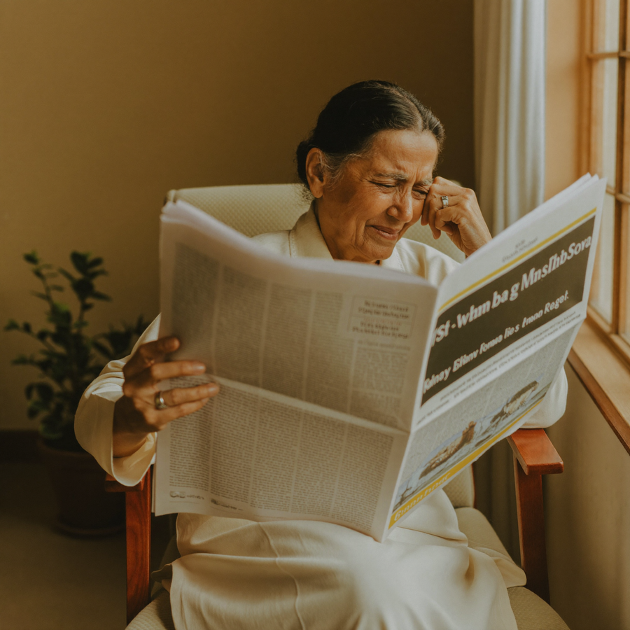 Elderly Indian woman squinting to read a newspaper